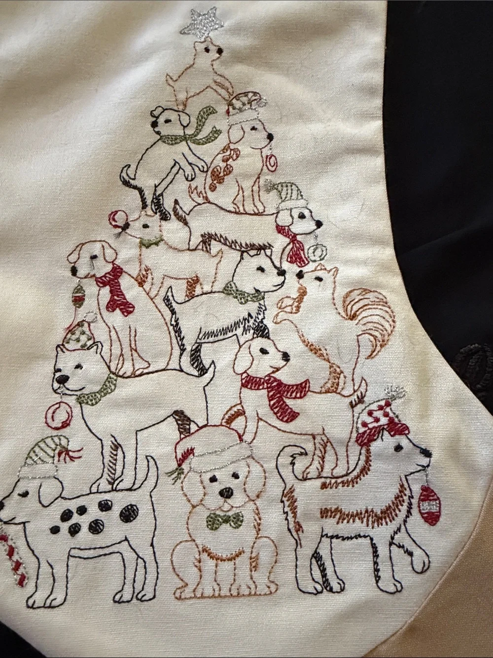 Dog-Themed Holiday Stocking - Neutral Beige & White